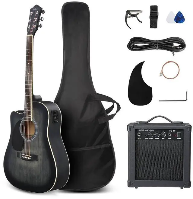 Main image of 41in Full Size 6 Strings Acoustic Electric Guitar Beginner Kit w/ 15W Amp, Cutaway Design Electric Acoustic Guitar with Bag, Strap, Picks, Strings, Basswood Guitarra (Left Hand-Black, 41in)