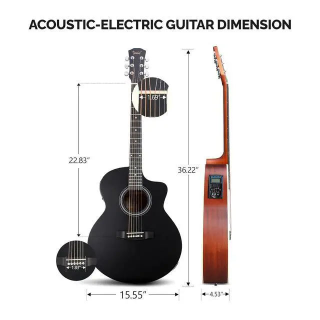 Alt view image 6 of 7 - 36in Full Size Acoustic Electric Guitar Beginner Kit with 15W Amp, 5-band EQ Cutway Design 6 Strings Electric Acoustic Guitar with Bag, Strap, Picks, Strings, Wrench (Black, 36in)