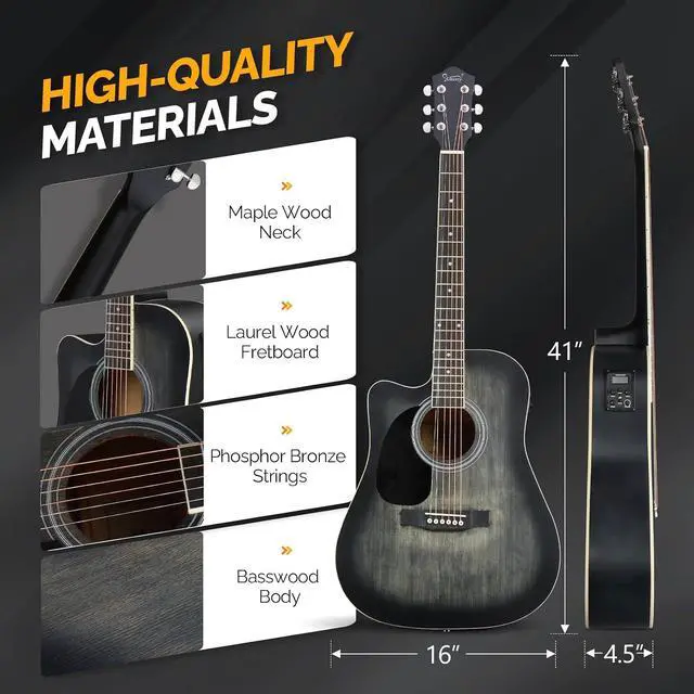 Alt view image 2 of 6 - 41in Full Size 6 Strings Acoustic Electric Guitar Beginner Kit w/ 15W Amp, Cutaway Design Electric Acoustic Guitar with Bag, Strap, Picks, Strings, Basswood Guitarra (Left Hand-Black, 41in)
