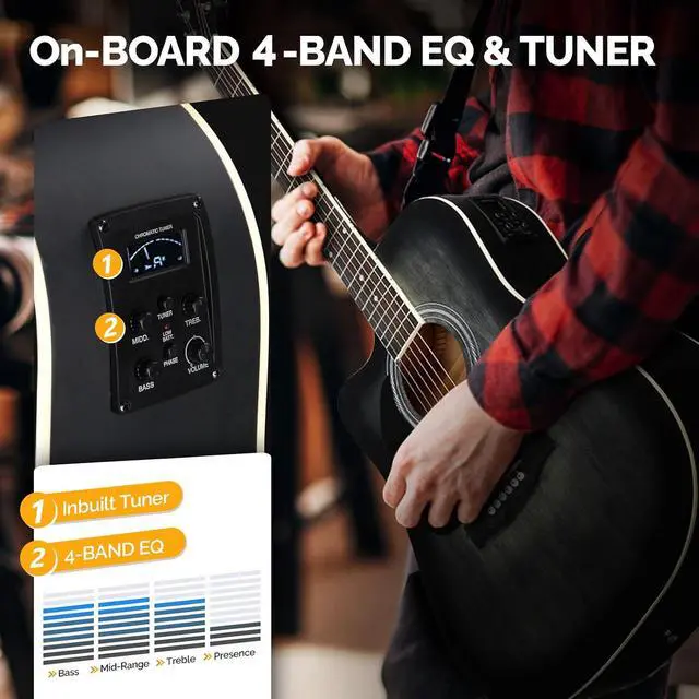 Alt view image 3 of 6 - 41in Full Size 6 Strings Acoustic Electric Guitar Beginner Kit w/ 15W Amp, Cutaway Design Electric Acoustic Guitar with Bag, Strap, Picks, Strings, Basswood Guitarra (Left Hand-Black, 41in)
