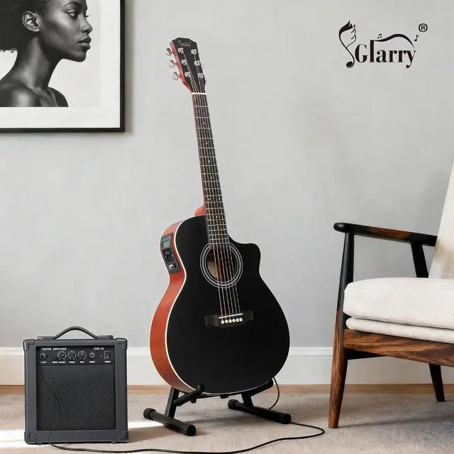 Alt view image 7 of 7 - 36in Full Size Acoustic Electric Guitar Beginner Kit with 15W Amp, 5-band EQ Cutway Design 6 Strings Electric Acoustic Guitar with Bag, Strap, Picks, Strings, Wrench (Black, 36in)