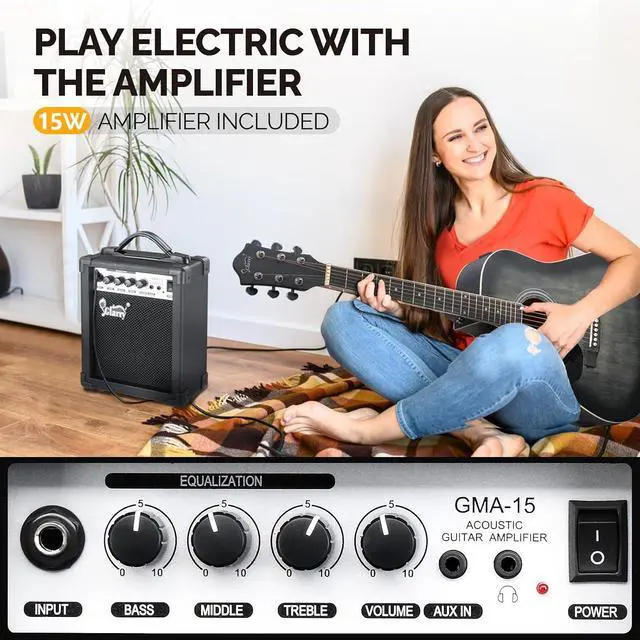 Alt view image 4 of 6 - 41in Full Size 6 Strings Acoustic Electric Guitar Beginner Kit w/ 15W Amp, Cutaway Design Electric Acoustic Guitar with Bag, Strap, Picks, Strings, Basswood Guitarra (Left Hand-Black, 41in)