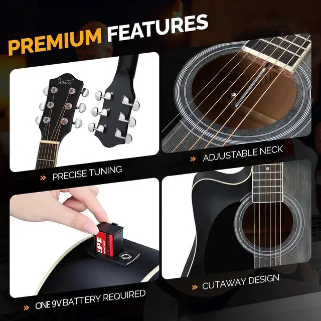 Alt view image 5 of 6 - 41in Full Size 6 Strings Acoustic Electric Guitar Beginner Kit w/ 15W Amp, Cutaway Design Electric Acoustic Guitar with Bag, Strap, Picks, Strings, Basswood Guitarra (Left Hand-Black, 41in)