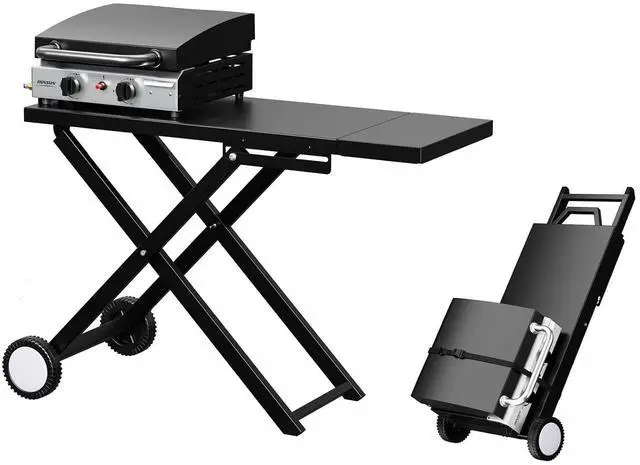 Main image of Foldable Flat Top Grill with 2 Burner & Lid, Powerful 20,000 BTU Propane Gas Grills with Ignition, Enamel Griddle, Side Shelf & Portable Cart with Wheels for Outdoor Camping Hibachi Grill Use