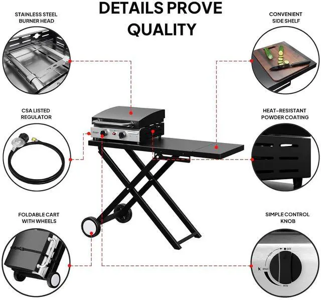 Alt view image 4 of 7 - Foldable Flat Top Grill with 2 Burner & Lid, Powerful 20,000 BTU Propane Gas Grills with Ignition, Enamel Griddle, Side Shelf & Portable Cart with Wheels for Outdoor Camping Hibachi Grill Use