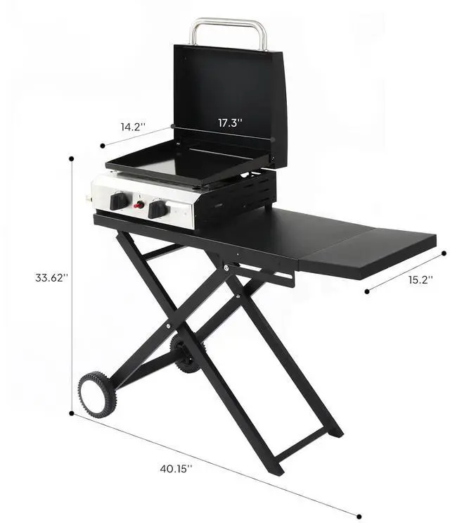 Alt view image 6 of 7 - Foldable Flat Top Grill with 2 Burner & Lid, Powerful 20,000 BTU Propane Gas Grills with Ignition, Enamel Griddle, Side Shelf & Portable Cart with Wheels for Outdoor Camping Hibachi Grill Use