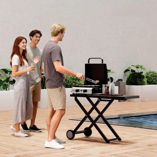 Alt view image 7 of 7 - Foldable Flat Top Grill with 2 Burner & Lid, Powerful 20,000 BTU Propane Gas Grills with Ignition, Enamel Griddle, Side Shelf & Portable Cart with Wheels for Outdoor Camping Hibachi Grill Use