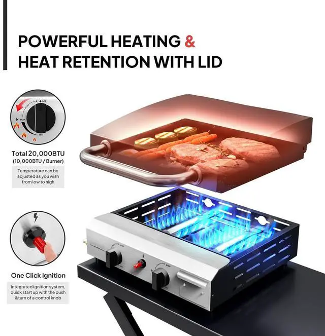 Alt view image 2 of 7 - Foldable Flat Top Grill with 2 Burner & Lid, Powerful 20,000 BTU Propane Gas Grills with Ignition, Enamel Griddle, Side Shelf & Portable Cart with Wheels for Outdoor Camping Hibachi Grill Use