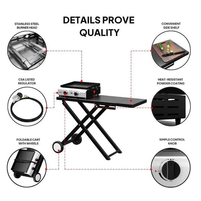 Alt view image 4 of 7 - Foldable Flat Top Grill with 2 Burner, Powerful 20,000 BTU Propane Gas Grills with Ignition, Enamel Griddle, Side Shelf & Portable Cart with Wheels for Outdoor Camping Hibachi Grill Use