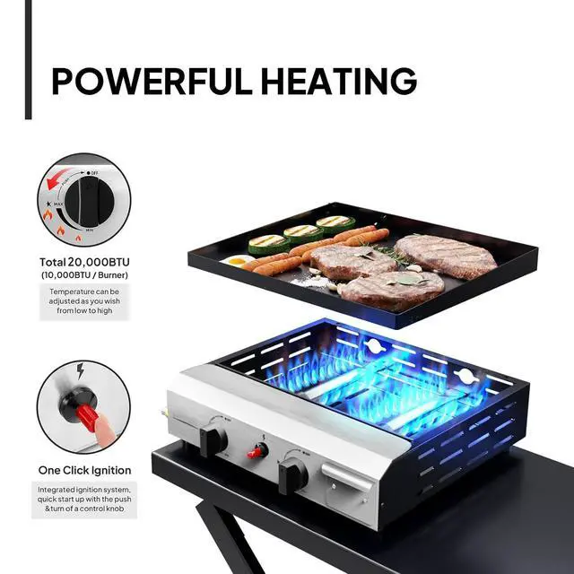 Alt view image 2 of 7 - Foldable Flat Top Grill with 2 Burner, Powerful 20,000 BTU Propane Gas Grills with Ignition, Enamel Griddle, Side Shelf & Portable Cart with Wheels for Outdoor Camping Hibachi Grill Use