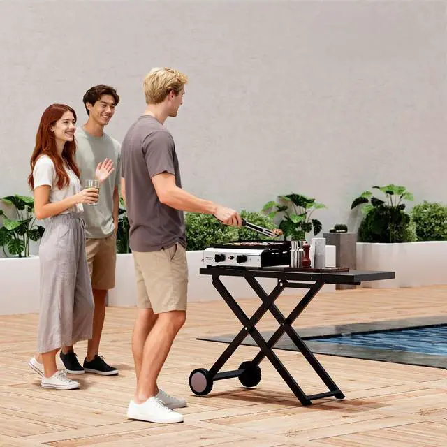 Alt view image 7 of 7 - Foldable Flat Top Grill with 2 Burner, Powerful 20,000 BTU Propane Gas Grills with Ignition, Enamel Griddle, Side Shelf & Portable Cart with Wheels for Outdoor Camping Hibachi Grill Use