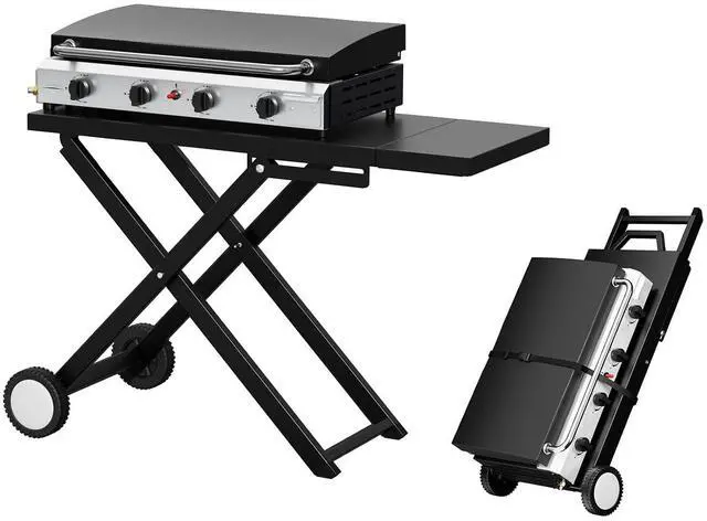 Main image of Foldable Flat Top Grill with 4 Burner & Lid, Powerful 40,000 BTU Propane Gas Grills with Ignition, Enamel Griddle, Side Shelf & Portable Cart with Wheels for Outdoor Camping Hibachi Grill Use