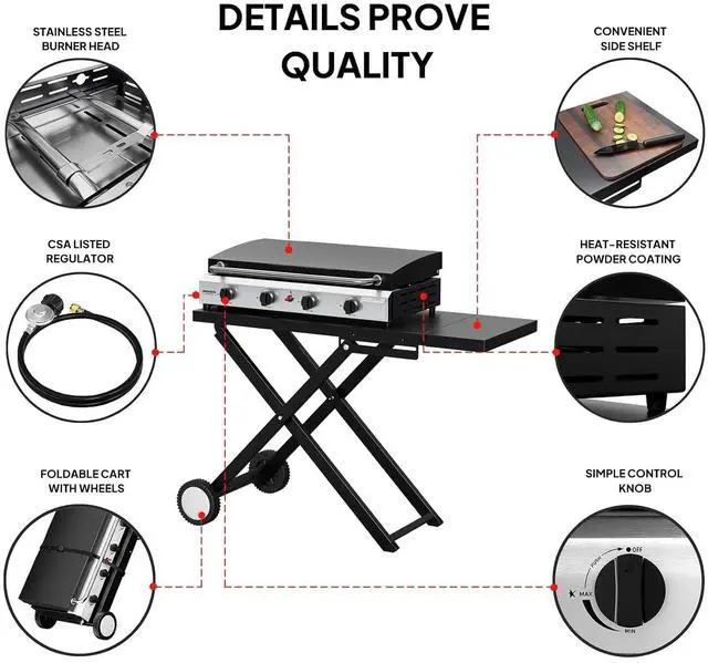 Alt view image 4 of 7 - Foldable Flat Top Grill with 4 Burner & Lid, Powerful 40,000 BTU Propane Gas Grills with Ignition, Enamel Griddle, Side Shelf & Portable Cart with Wheels for Outdoor Camping Hibachi Grill Use