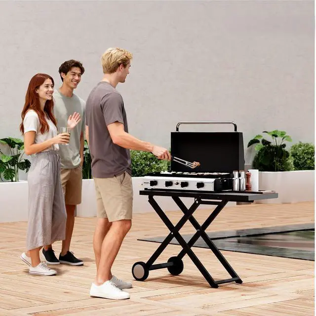 Alt view image 7 of 7 - Foldable Flat Top Grill with 4 Burner & Lid, Powerful 40,000 BTU Propane Gas Grills with Ignition, Enamel Griddle, Side Shelf & Portable Cart with Wheels for Outdoor Camping Hibachi Grill Use