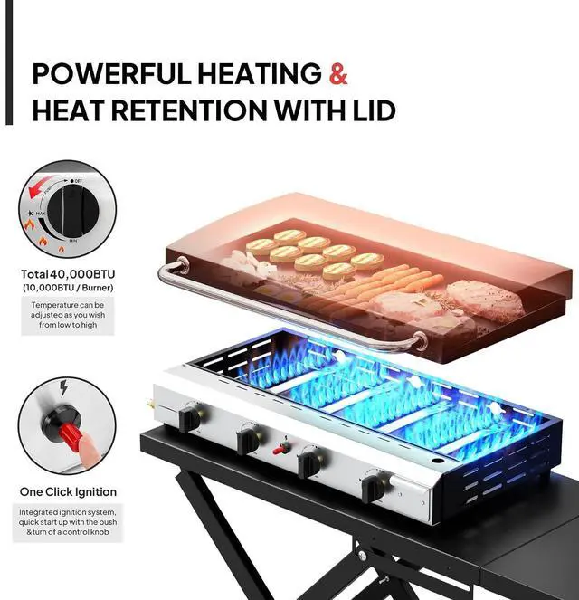 Alt view image 2 of 7 - Foldable Flat Top Grill with 4 Burner & Lid, Powerful 40,000 BTU Propane Gas Grills with Ignition, Enamel Griddle, Side Shelf & Portable Cart with Wheels for Outdoor Camping Hibachi Grill Use