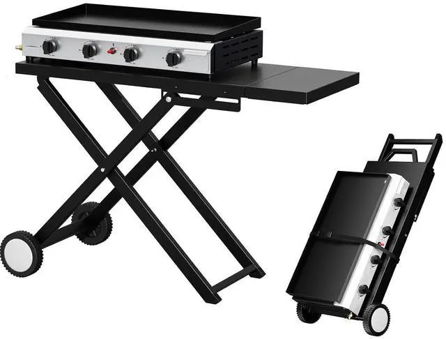 Main image of Foldable Flat Top Grill with 4 Burner, Powerful 40,000 BTU Propane Gas Grills with Ignition, Enamel Griddle, Side Shelf & Portable Cart with Wheels for Outdoor Camping Hibachi Grill Use