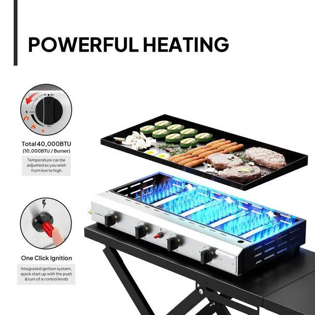 Alt view image 2 of 7 - Foldable Flat Top Grill with 4 Burner, Powerful 40,000 BTU Propane Gas Grills with Ignition, Enamel Griddle, Side Shelf & Portable Cart with Wheels for Outdoor Camping Hibachi Grill Use