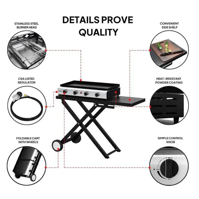 Alt view image 4 of 7 - Foldable Flat Top Grill with 4 Burner, Powerful 40,000 BTU Propane Gas Grills with Ignition, Enamel Griddle, Side Shelf & Portable Cart with Wheels for Outdoor Camping Hibachi Grill Use