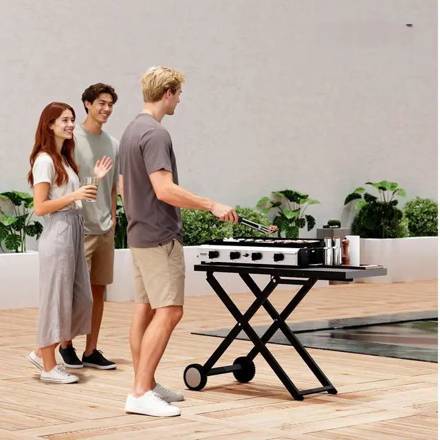 Alt view image 7 of 7 - Foldable Flat Top Grill with 4 Burner, Powerful 40,000 BTU Propane Gas Grills with Ignition, Enamel Griddle, Side Shelf & Portable Cart with Wheels for Outdoor Camping Hibachi Grill Use