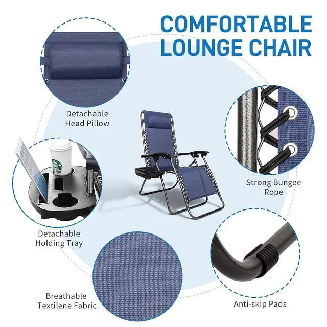 Alt view image 5 of 7 - Infinity Zero Gravity Chair, Outdoor Lounge Patio Chairs with Pillow and Utility Tray Adjustable Folding Recliner for Deck,Patio,Beach,Yard Pack 2 (Blue)