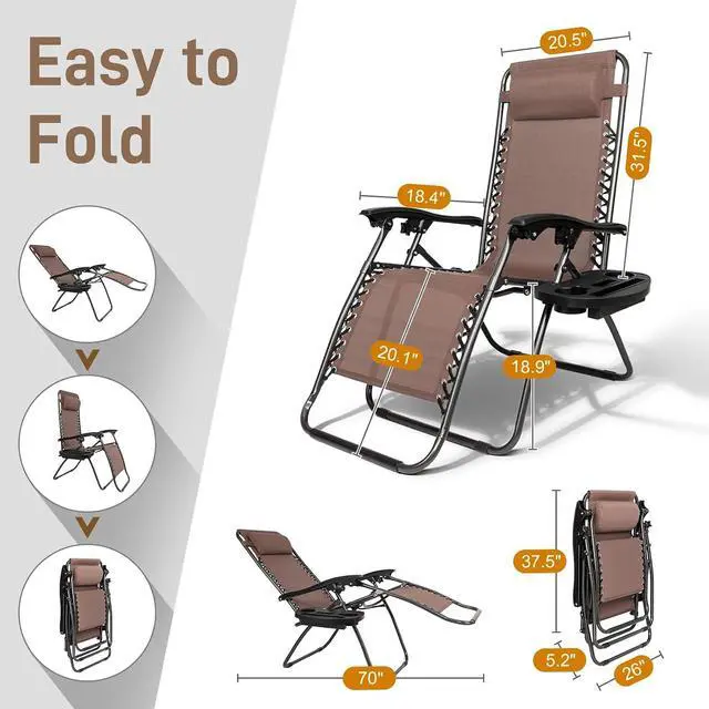Alt view image 3 of 7 - Zero Gravity Chairs Set of 2 Patio Folding Lounge Chairs Outdoor Recliners with Pillow and Cup Holder Adjustable Reclining Lawn Chair for Deck,Patio,Beach,Yard(Brown)