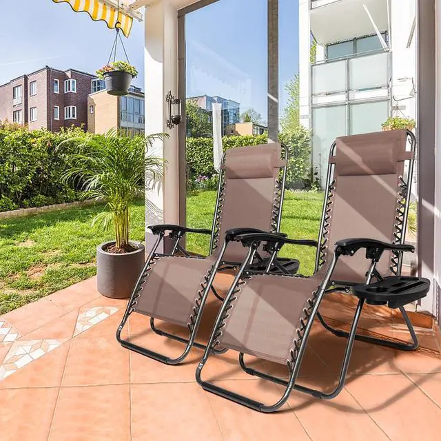 Alt view image 2 of 7 - Zero Gravity Chairs Set of 2 Patio Folding Lounge Chairs Outdoor Recliners with Pillow and Cup Holder Adjustable Reclining Lawn Chair for Deck,Patio,Beach,Yard(Brown)