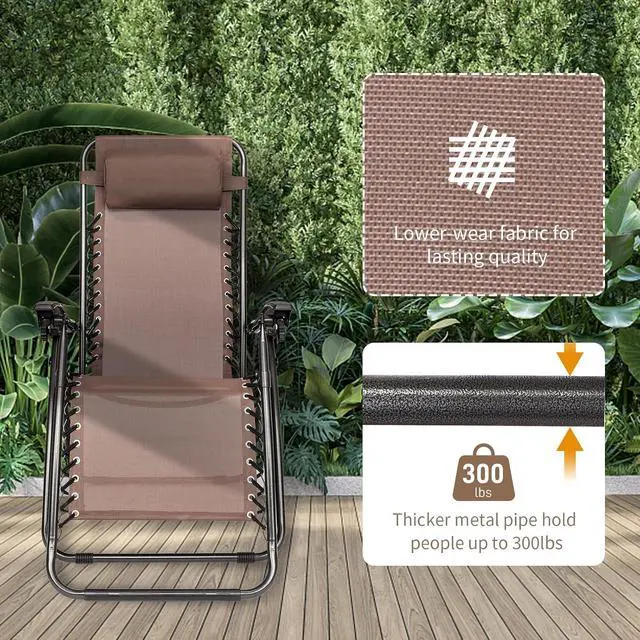 Alt view image 4 of 7 - Zero Gravity Chairs Set of 2 Patio Folding Lounge Chairs Outdoor Recliners with Pillow and Cup Holder Adjustable Reclining Lawn Chair for Deck,Patio,Beach,Yard(Brown)