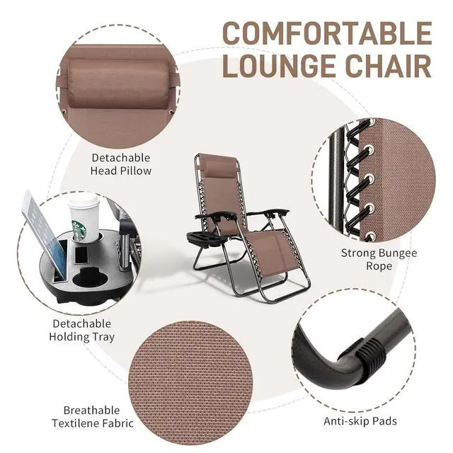 Alt view image 5 of 7 - Zero Gravity Chairs Set of 2 Patio Folding Lounge Chairs Outdoor Recliners with Pillow and Cup Holder Adjustable Reclining Lawn Chair for Deck,Patio,Beach,Yard(Brown)