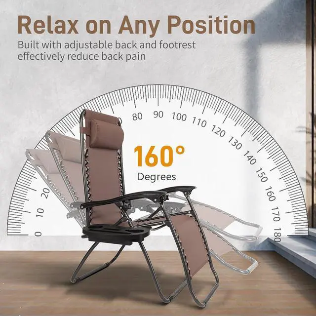 Alt view image 6 of 7 - Zero Gravity Chairs Set of 2 Patio Folding Lounge Chairs Outdoor Recliners with Pillow and Cup Holder Adjustable Reclining Lawn Chair for Deck,Patio,Beach,Yard(Brown)
