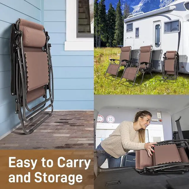 Alt view image 7 of 7 - Zero Gravity Chairs Set of 2 Patio Folding Lounge Chairs Outdoor Recliners with Pillow and Cup Holder Adjustable Reclining Lawn Chair for Deck,Patio,Beach,Yard(Brown)