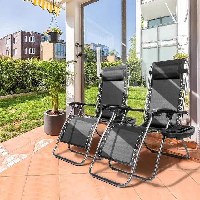 Alt view image 2 of 7 - Zero Gravity Chair Set of 2 Patio Folding Lounge Chairs Outdoor Recliners with Pillow and Cup Holder Adjustable Reclining Lawn Chair for Deck,Patio,Beach,Yard (Black)