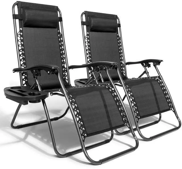Main image of Zero Gravity Chair Set of 2 Patio Folding Lounge Chairs Outdoor Recliners with Pillow and Cup Holder Adjustable Reclining Lawn Chair for Deck,Patio,Beach,Yard (Black)