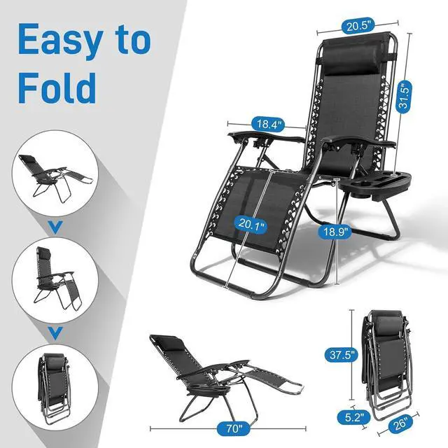 Alt view image 3 of 7 - Zero Gravity Chair Set of 2 Patio Folding Lounge Chairs Outdoor Recliners with Pillow and Cup Holder Adjustable Reclining Lawn Chair for Deck,Patio,Beach,Yard (Black)
