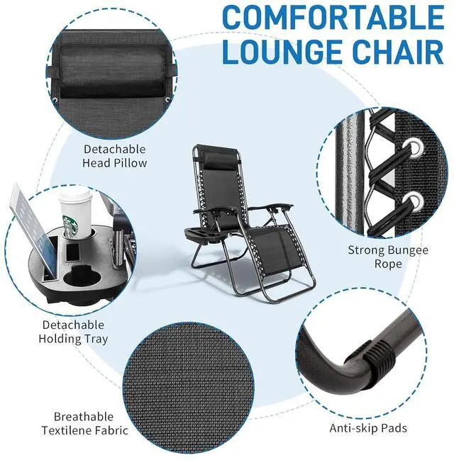 Alt view image 5 of 7 - Zero Gravity Chair Set of 2 Patio Folding Lounge Chairs Outdoor Recliners with Pillow and Cup Holder Adjustable Reclining Lawn Chair for Deck,Patio,Beach,Yard (Black)