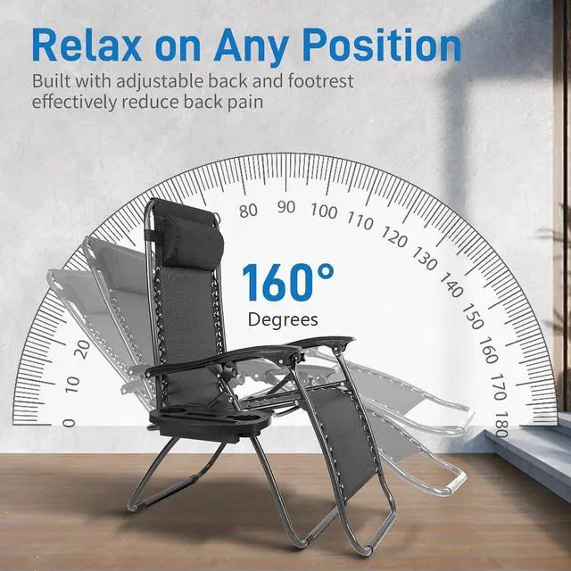 Alt view image 6 of 7 - Zero Gravity Chair Set of 2 Patio Folding Lounge Chairs Outdoor Recliners with Pillow and Cup Holder Adjustable Reclining Lawn Chair for Deck,Patio,Beach,Yard (Black)
