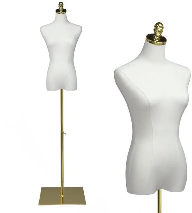Main image of Female Dress Form for Clothing Presentation, Height Adjustable Women Mannequin Torse Body with Stable Gold Finish Metal Stand, Clothing Dress Jewelry Display Sewing Model (Beige, Regular)