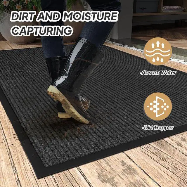 Alt view image 6 of 7 - Indoor Outdoor Door Mat, Large Non Slip Dirt Trapper Entry Rug with Rubber Backing, Fade & Stain Resistant Heavy Duty Low Profile Absorbent Doormat for Commercial Use, 35"×70.9", Dark Grey