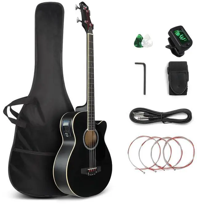 Main image of Full Size Acoustic Electric Bass Guitar Beginner Kit, Cutaway 4 Strings Electric Acoustic Bass Guitar w/Inbuilt Tuner, Bag, Strap, Picks, Strings, Basswood Bass Guitarra, Matte Black