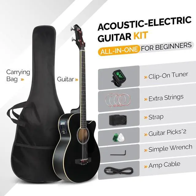Alt view image 2 of 7 - Full Size Acoustic Electric Bass Guitar Beginner Kit, Cutaway 4 Strings Electric Acoustic Bass Guitar w/Inbuilt Tuner, Bag, Strap, Picks, Strings, Basswood Bass Guitarra, Matte Black