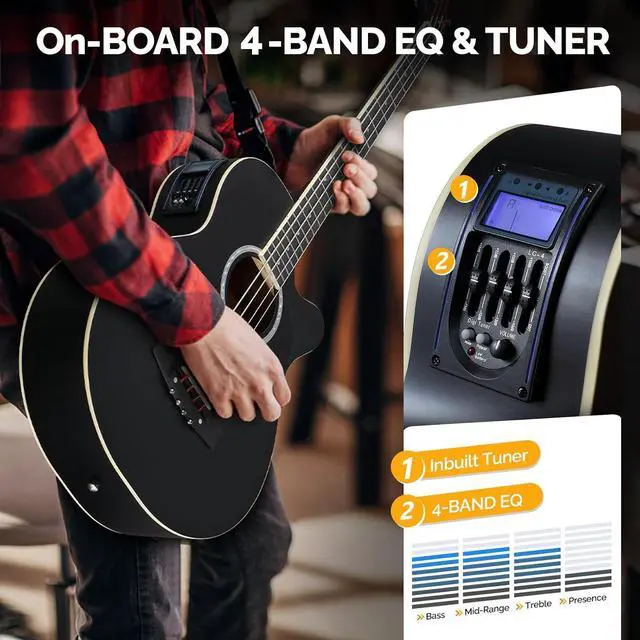 Alt view image 3 of 7 - Full Size Acoustic Electric Bass Guitar Beginner Kit, Cutaway 4 Strings Electric Acoustic Bass Guitar w/Inbuilt Tuner, Bag, Strap, Picks, Strings, Basswood Bass Guitarra, Matte Black