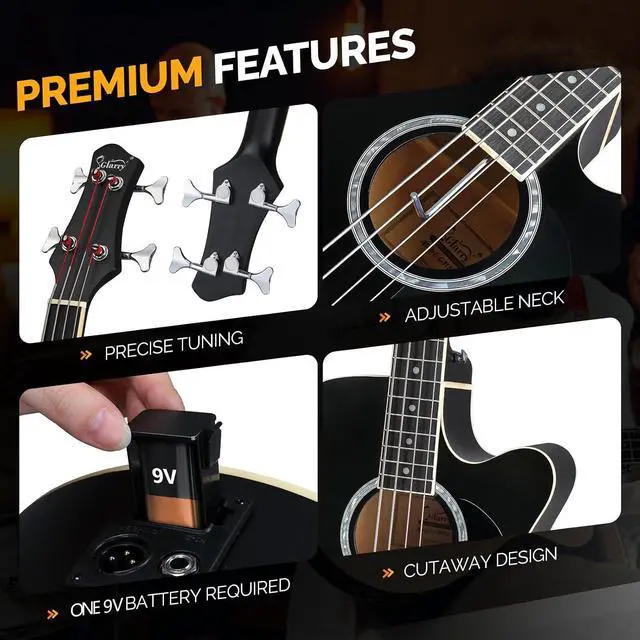 Alt view image 4 of 7 - Full Size Acoustic Electric Bass Guitar Beginner Kit, Cutaway 4 Strings Electric Acoustic Bass Guitar w/Inbuilt Tuner, Bag, Strap, Picks, Strings, Basswood Bass Guitarra, Matte Black