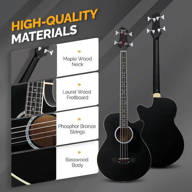 Alt view image 5 of 7 - Full Size Acoustic Electric Bass Guitar Beginner Kit, Cutaway 4 Strings Electric Acoustic Bass Guitar w/Inbuilt Tuner, Bag, Strap, Picks, Strings, Basswood Bass Guitarra, Matte Black