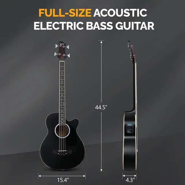 Alt view image 6 of 7 - Full Size Acoustic Electric Bass Guitar Beginner Kit, Cutaway 4 Strings Electric Acoustic Bass Guitar w/Inbuilt Tuner, Bag, Strap, Picks, Strings, Basswood Bass Guitarra, Matte Black