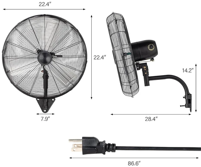 Alt view image 6 of 7 - 20 Inch Oscillating Wall Mounted Fan, 3-Speed 4710CFM Industria Metal Fan with Double Ball Bearing Motor & Aluminum Blades for Patio, Garage, Greenhouse & Factory, UL Listed (2 Pack)