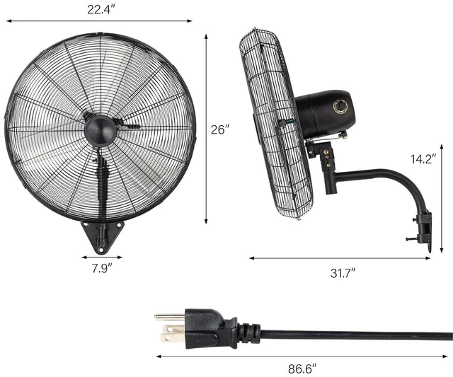 Alt view image 6 of 7 - Industrial Wall Mounted Fan, 3-Speed Settings & Max 6170 CFM, 24 Inch Outdoor Oscillating Fan with Aluminum Blades & Copper Motor for Patios, Garage & Shop, UL Certified