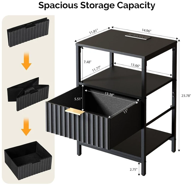 Alt view image 3 of 7 - Fluted Nightstand Set of 2, Fabric Dresser with 2 Drawers and 1 Shelf, Bedside Table/End Table with Charging Station, Nightstand for Bedroom, Livingroom, College Dorm, Black