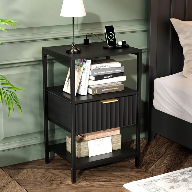 Alt view image 2 of 7 - Fluted Nightstand Set of 2, Fabric Dresser with 2 Drawers and 1 Shelf, Bedside Table/End Table with Charging Station, Nightstand for Bedroom, Livingroom, College Dorm, Black