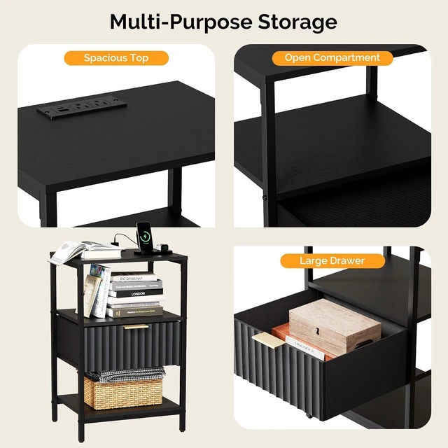 Alt view image 5 of 7 - Fluted Nightstand Set of 2, Fabric Dresser with 2 Drawers and 1 Shelf, Bedside Table/End Table with Charging Station, Nightstand for Bedroom, Livingroom, College Dorm, Black