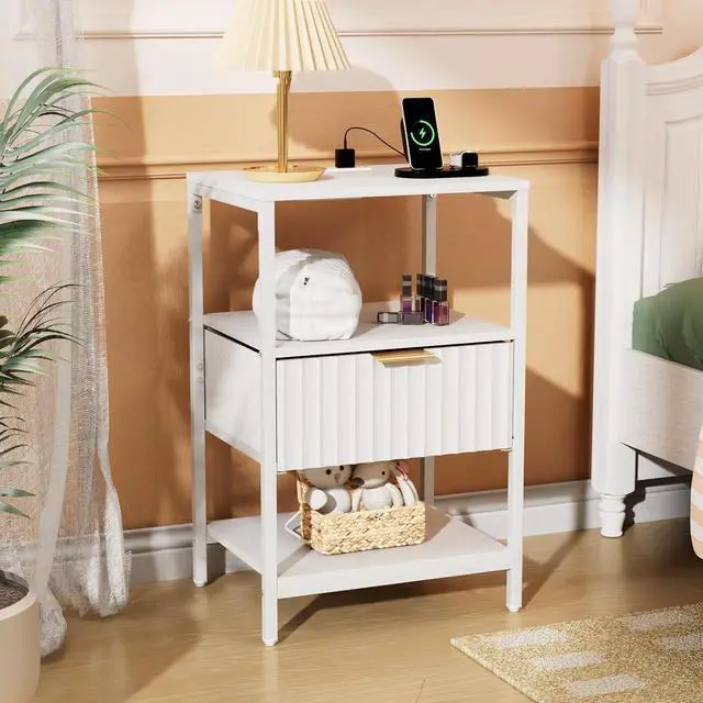 Alt view image 2 of 7 - Fluted Nightstand Set of 2, Fabric Dresser with 2 Drawers and 1 Shelf, Bedside Table/End Table with Charging Station, Nightstand for Bedroom, Livingroom, College Dorm, White
