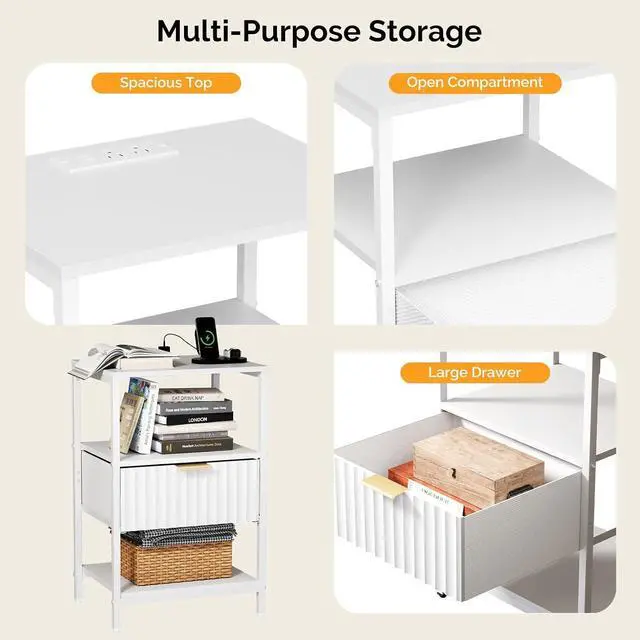 Alt view image 6 of 7 - Fluted Nightstand Set of 2, Fabric Dresser with 2 Drawers and 1 Shelf, Bedside Table/End Table with Charging Station, Nightstand for Bedroom, Livingroom, College Dorm, White